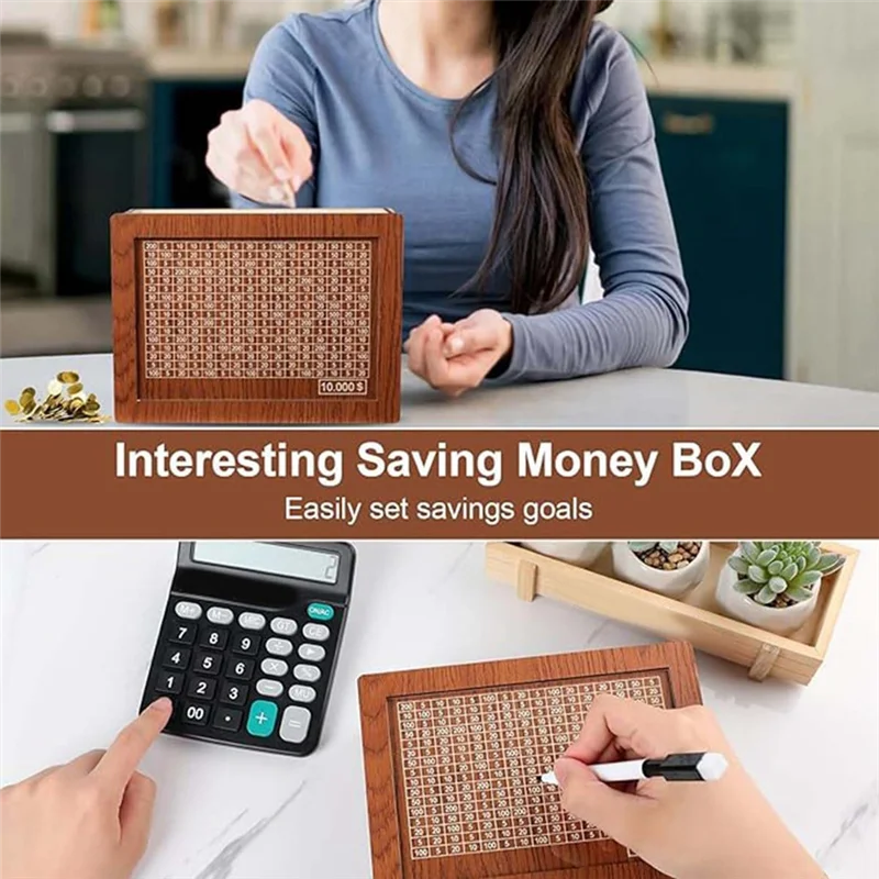 B04B-Money Box With Counter Cash Vault Wooden Savings Box,Cash Saver Box,Coin Counter Piggy Bank,Money Box With Money Target