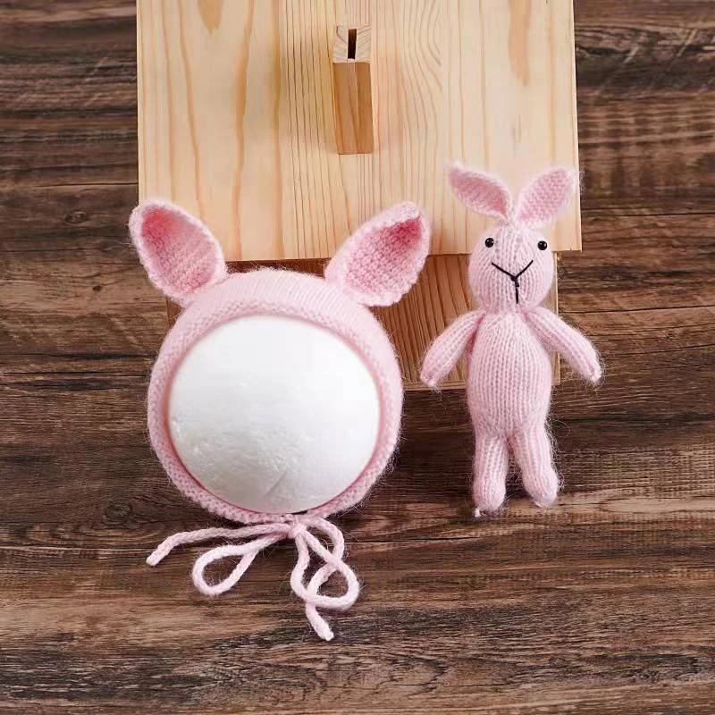 Cute Bunny Hat Doll 2pcs Set Newborn Baby Photography Props Infant Boy Girl Photo Accessories Knitted Bonnet Rabbit Dolls