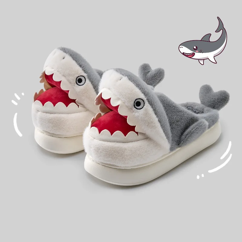 Kawaii Shark Cat Anime Cartoon Winter Plush Cotton Slippers Girl Thick-Soled Half-Slip Home Shoes Give Gifts To Girlfriend