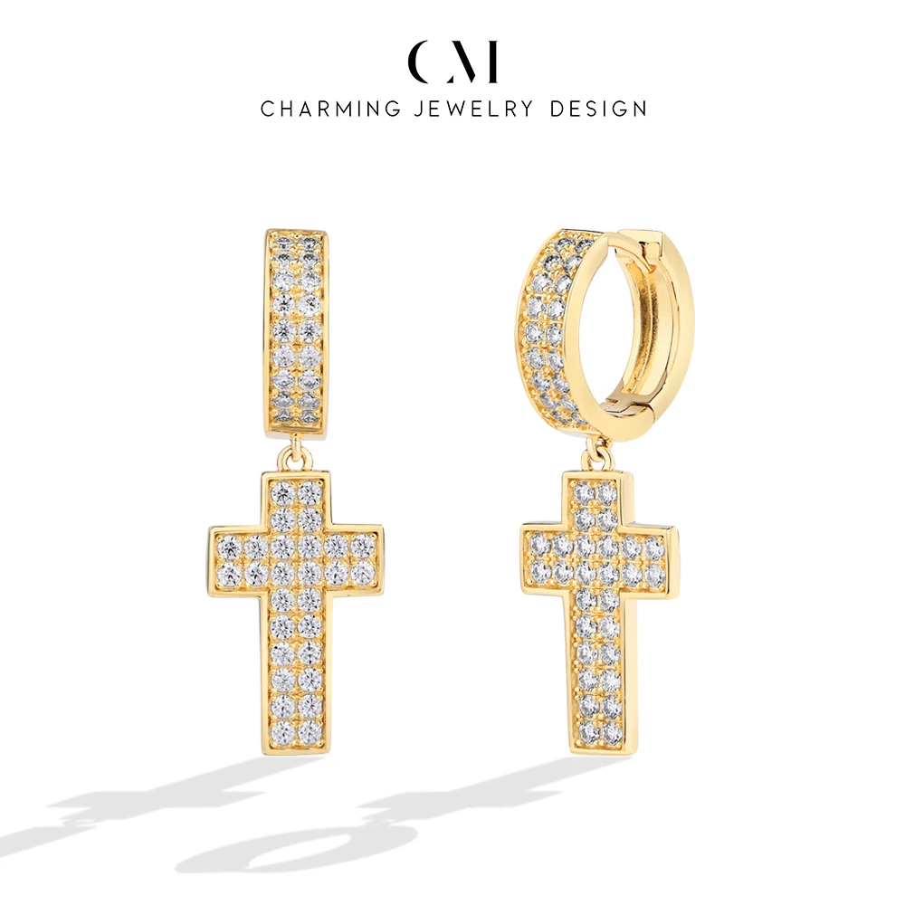 CHARMING Classic Crucifix Cross Moissanite Earring 925 Sterling Silver for Women Holiday Fine Party Gift Daily Jewelry Wedding