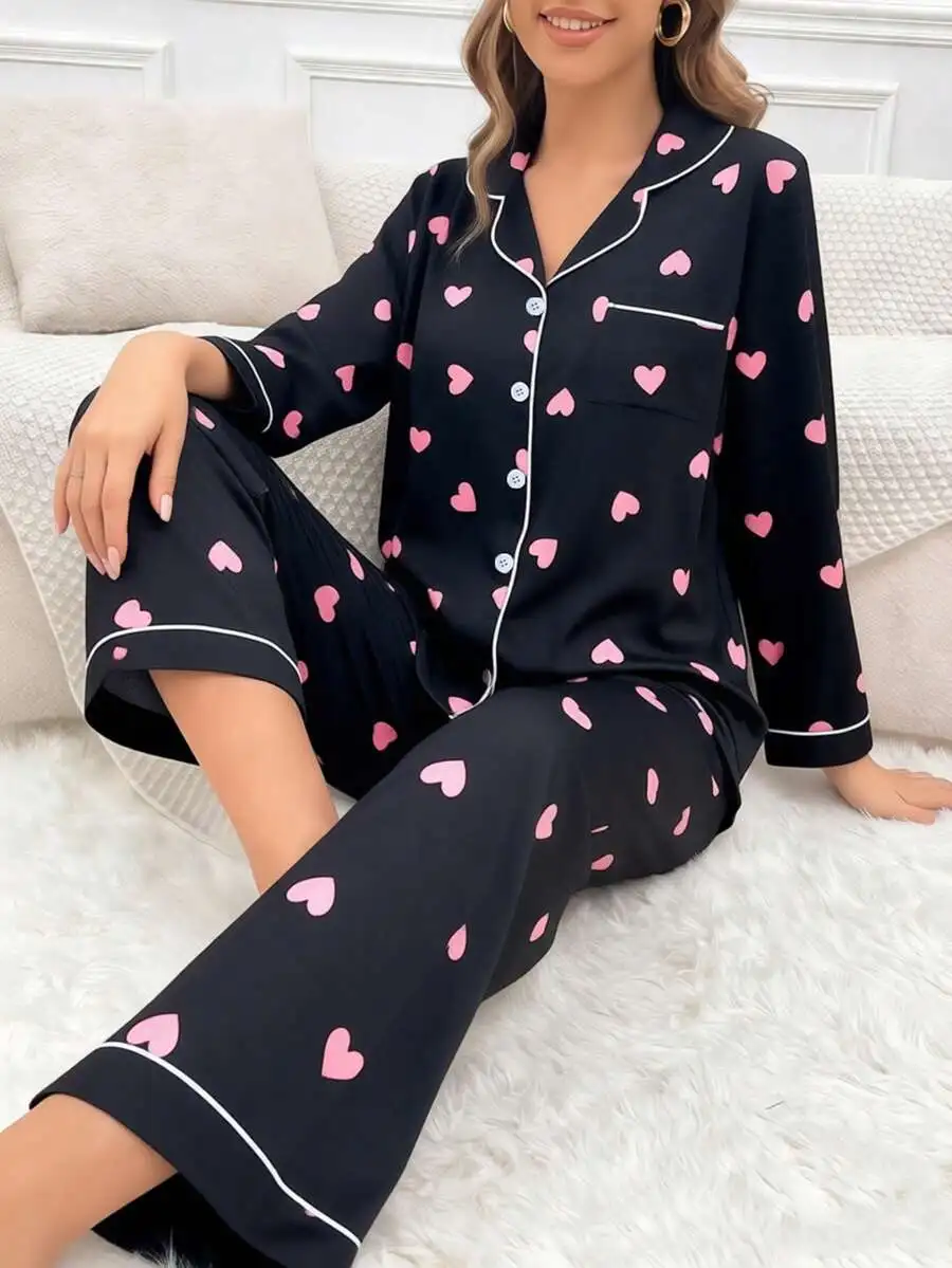 

2-Piece Heart Print Long Sleeve Button-Up Pajama Set with Contrast Trim