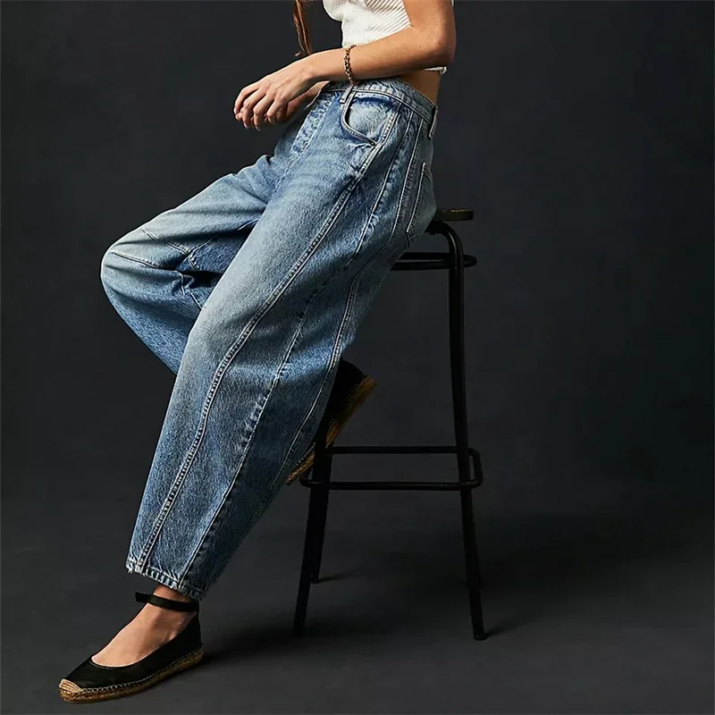 High Stretch Mid-Rise  Jeans Fashion Wide Leg Shape Women Casual Baggy Mid Waist Denim Jeans