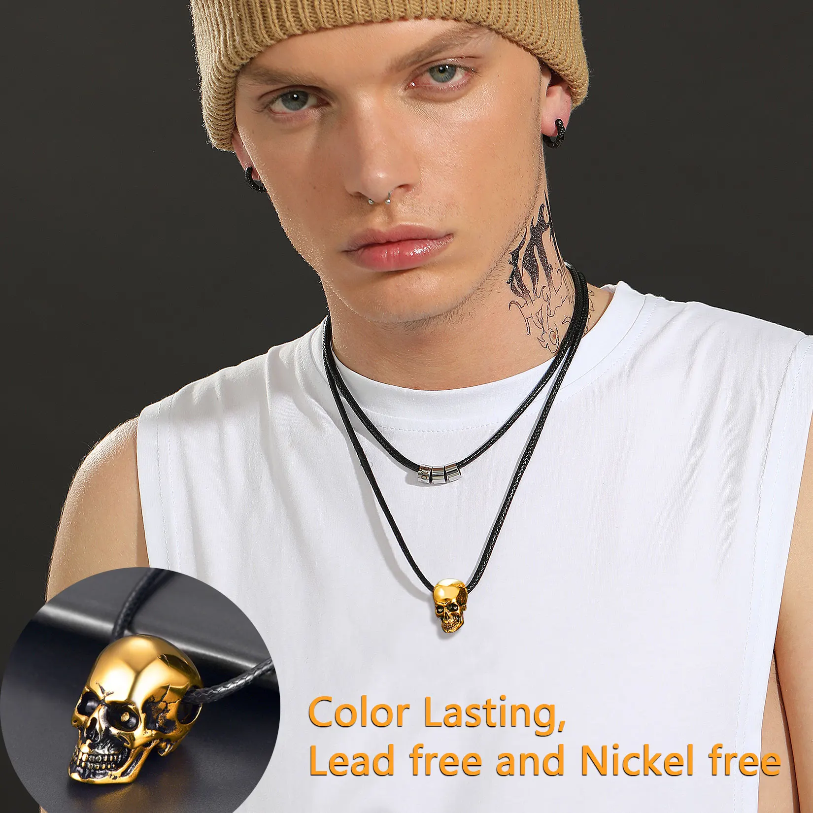 U7 Skull Necklaces for Men Skeleton Pendant with 18-30 inches Wax Cord / Link Chain Punk Retro Gothic Stainless Steel Jewelry