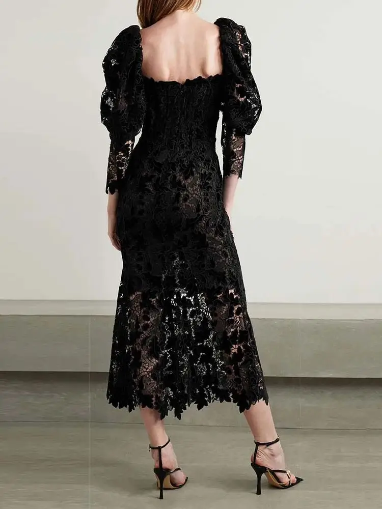 Ailigou 2024 New Summer Women's High Quality Black Sexy V-neck Bubble Sleeve Tight Lace Midi Dress Elegant Celebrity Party Dress