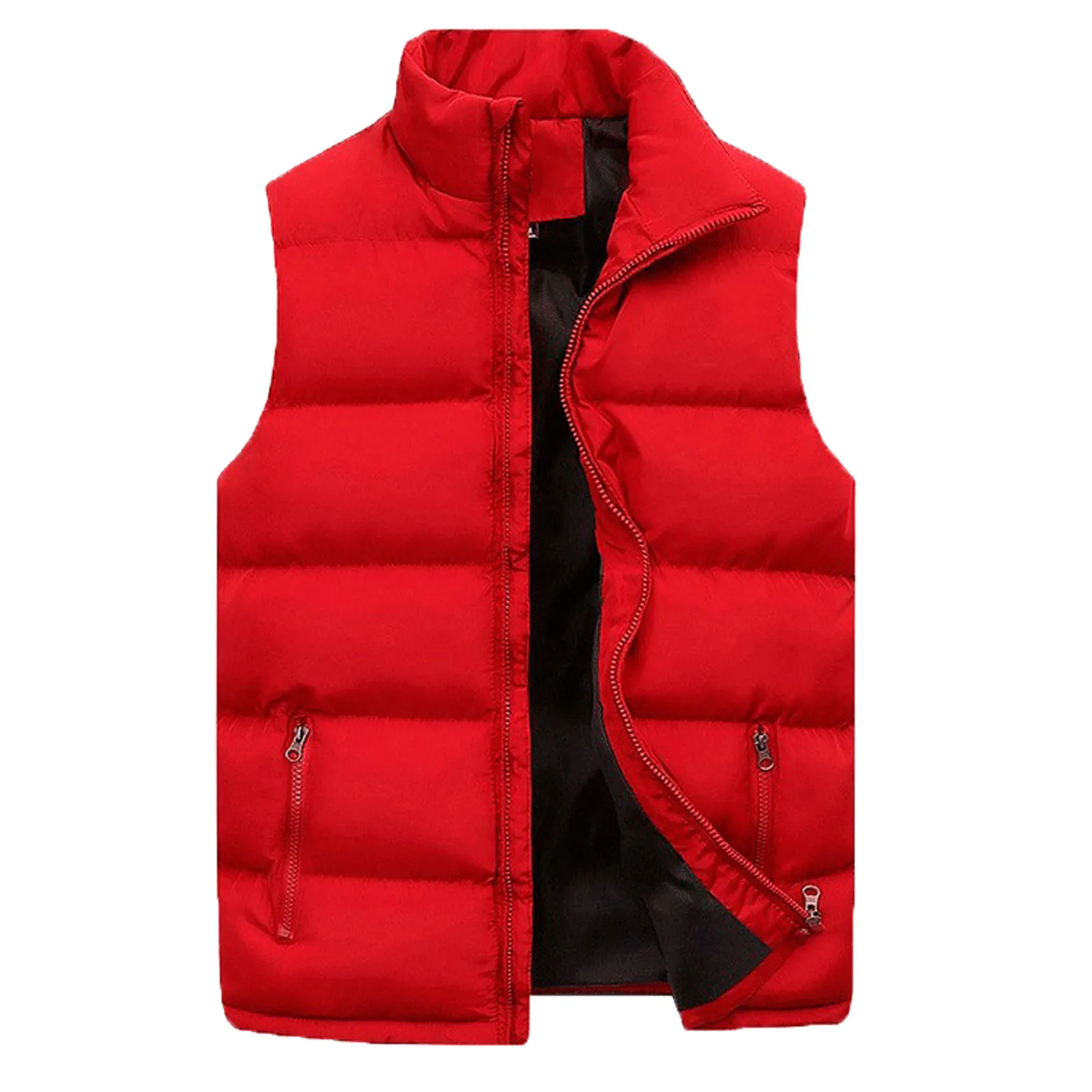 Men Cotton Padded Vest Autumn Winter Warm Solid Color Jacket Coat Zipper Stand Collar Sleeveless Outwear Vest