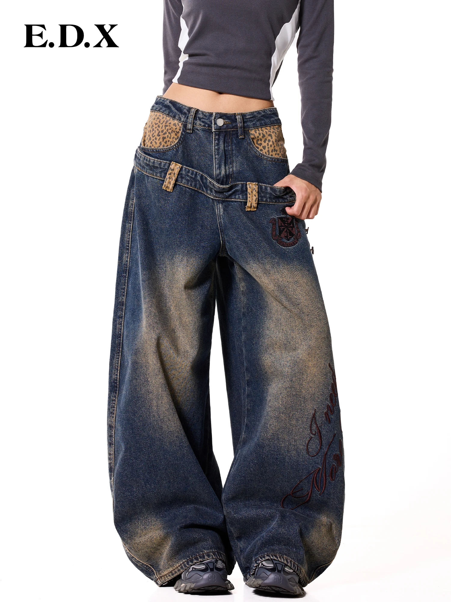 Blue Fleece-Like Leopard Print Splicing Wide Leg Jeans Women's Loose Fit High Waist Knife  Denim Pants Autumn New Style