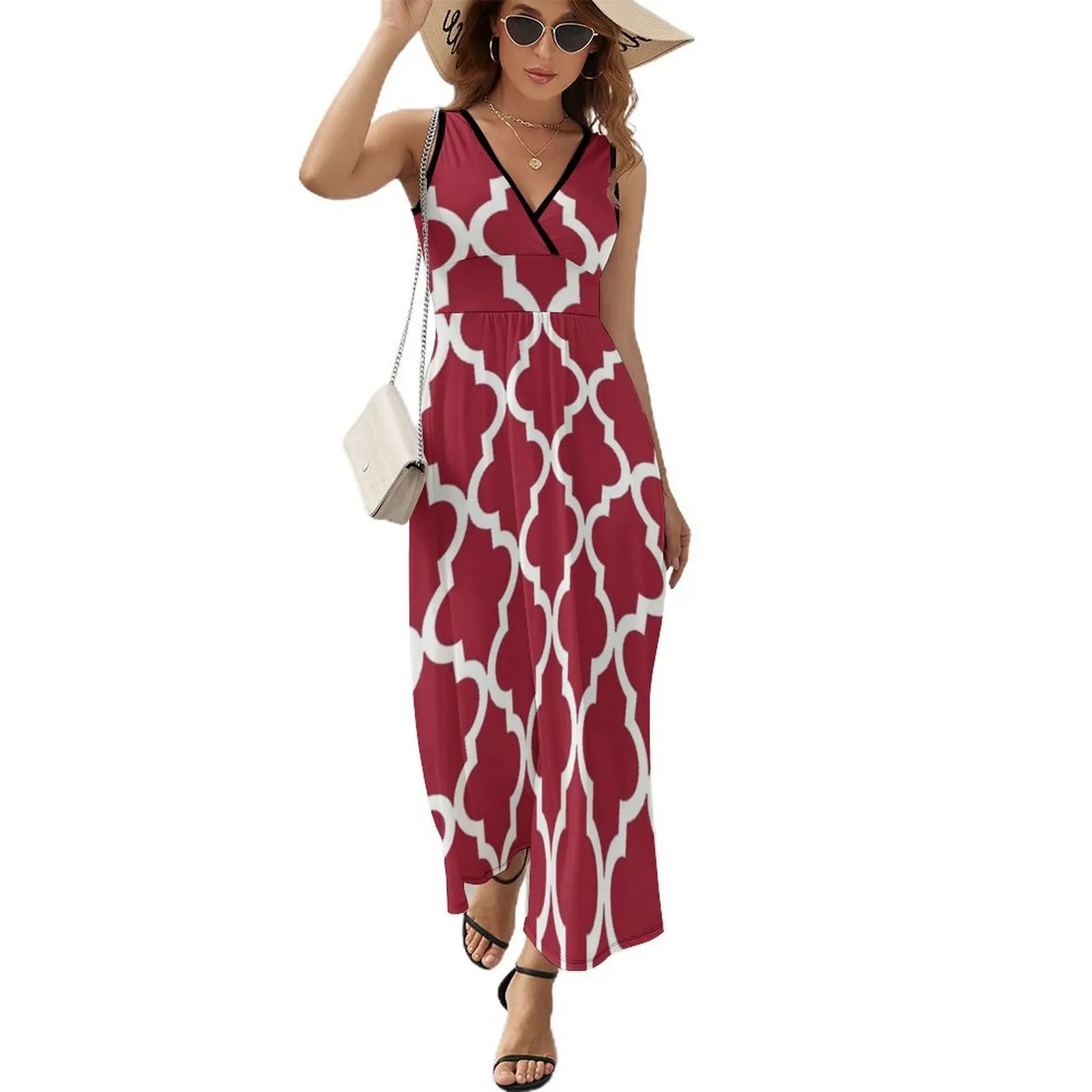 

Crimson Red Moroccan Pattern Sleeveless Dress Elegant gowns women's summer clothing 2024