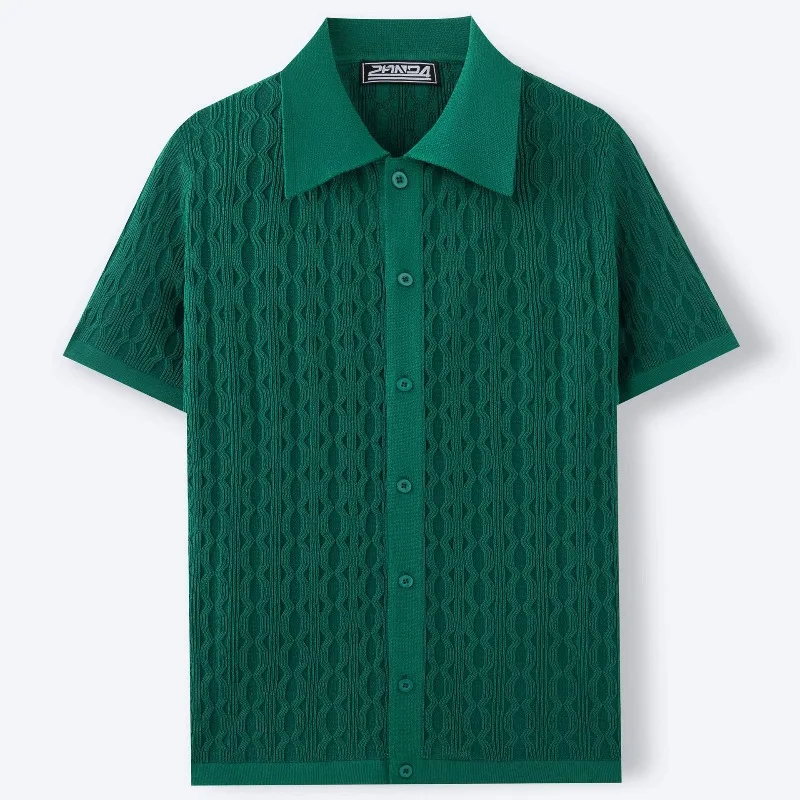 KIDWHXR Men T-shirt Summer Thin Turn Down Collar Knitted Male Top Single-breasted Short Sleeve Breathable Casual Man Shirts