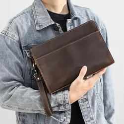 Bolso de mano de cuero genuino para hombre, cartera de negocios, bolso de mano de cuero de vaca largo multifuncional