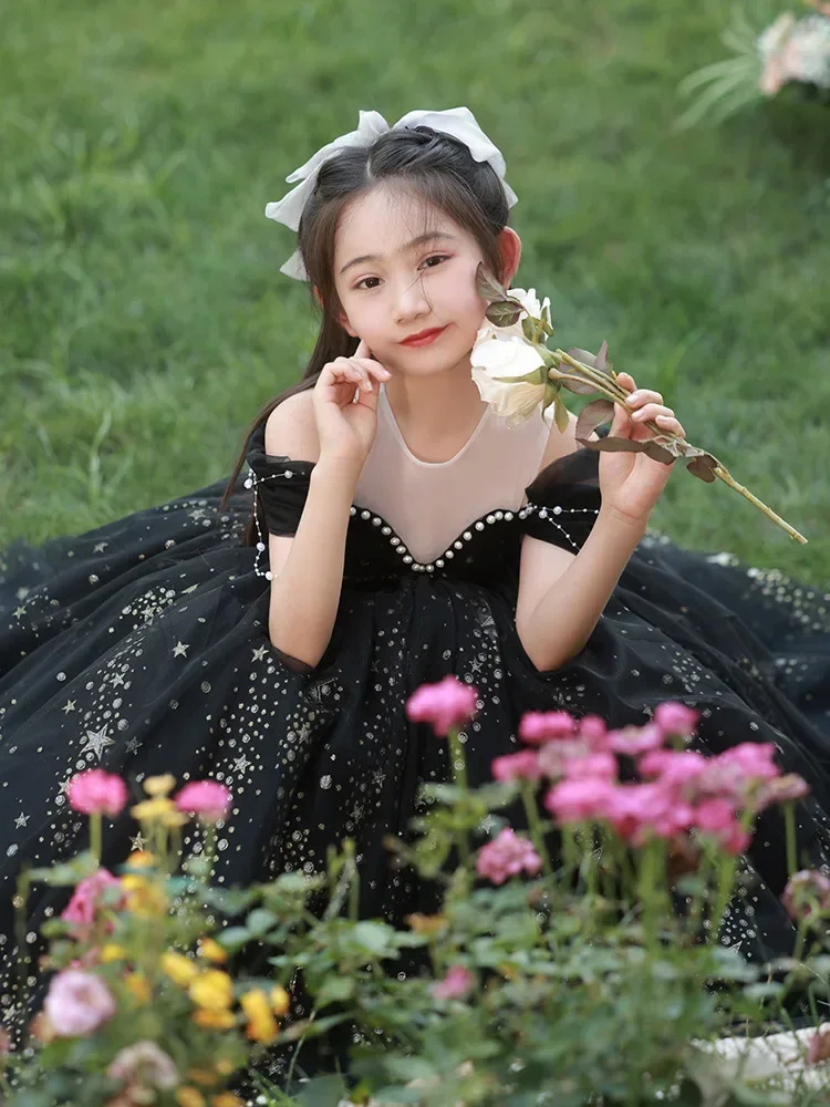 Black Evening Dresses for Kids Girl Elegant Gala Dress for Girls Children Beading Sequins Maxi Ball Gown Infants Hostess Costume