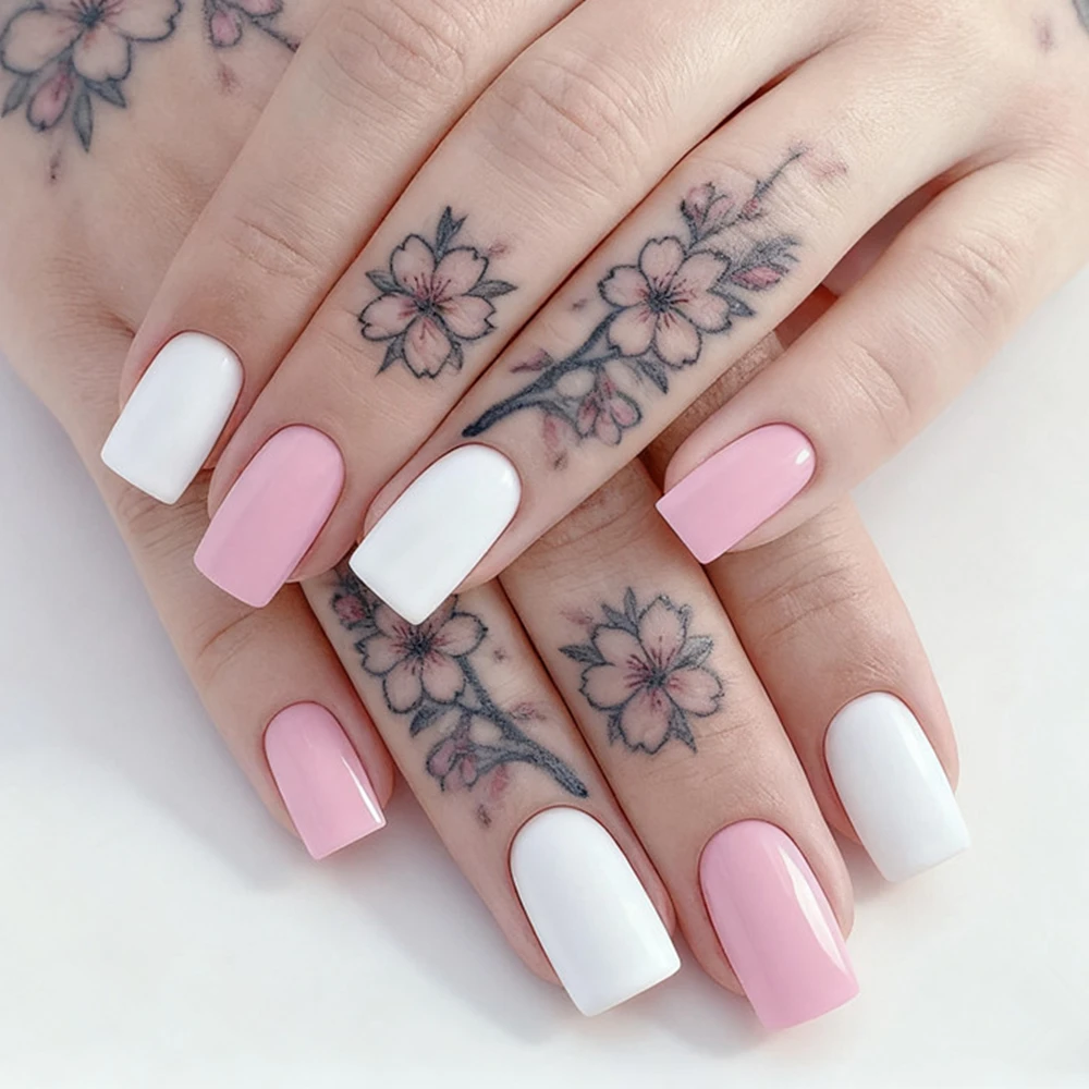 

48Pcs Color Mixing Pink White Press On False Nails Acrylic Fake Nails For Women DIY Full Cover Tips Wholesale Manicure Tool