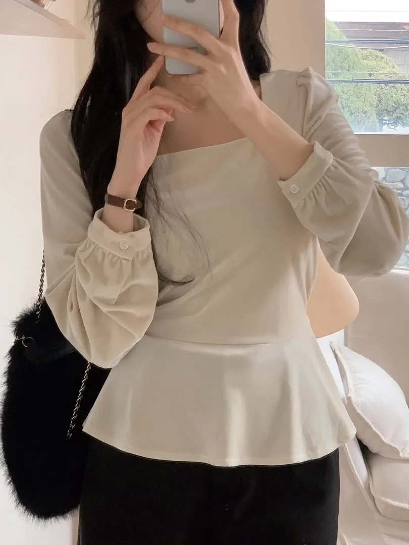 

Женская приталенная блузка Ele Velvet с длинным рукавом, модная коллекция Весна 2026, с эффектом утяжки талии и французским шиком