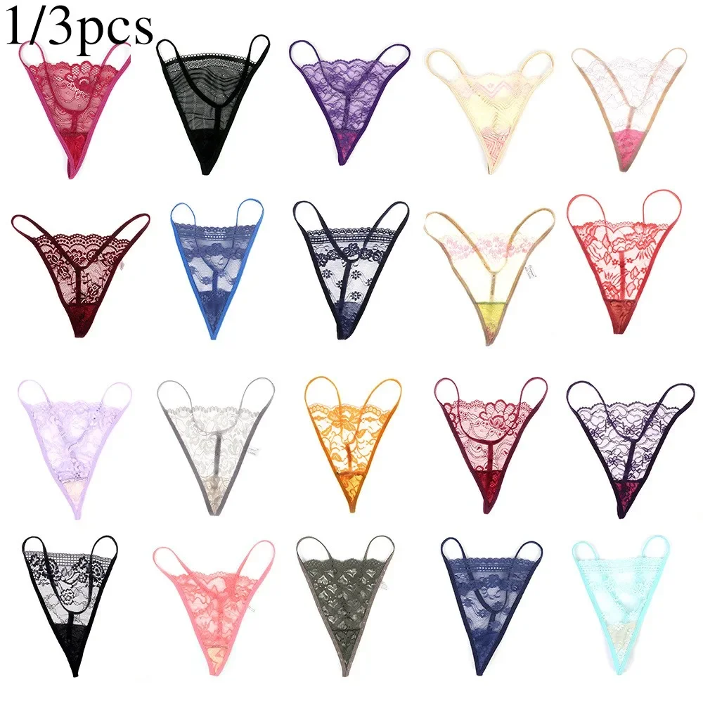 3pcs Women Lace G-String Briefs Mesh Thong String Thong Sex Lingerie Panties V-String Knickers See Through Underwear 2022