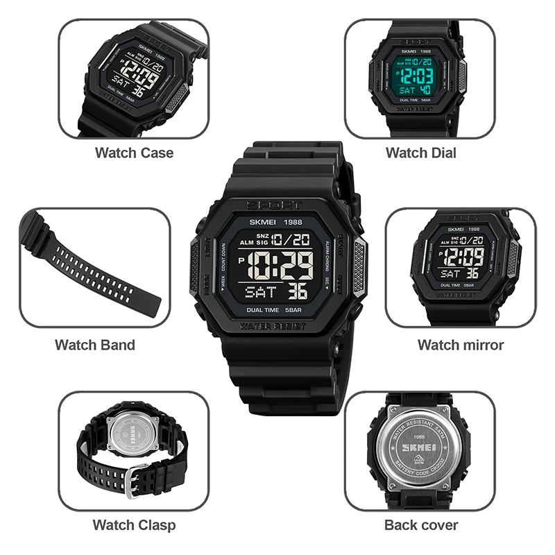 

Skmei Digital Watch for Man Dual Time Zone Countdown Led Waterproof Military Wristwatch Male Alarm Clock Reloj