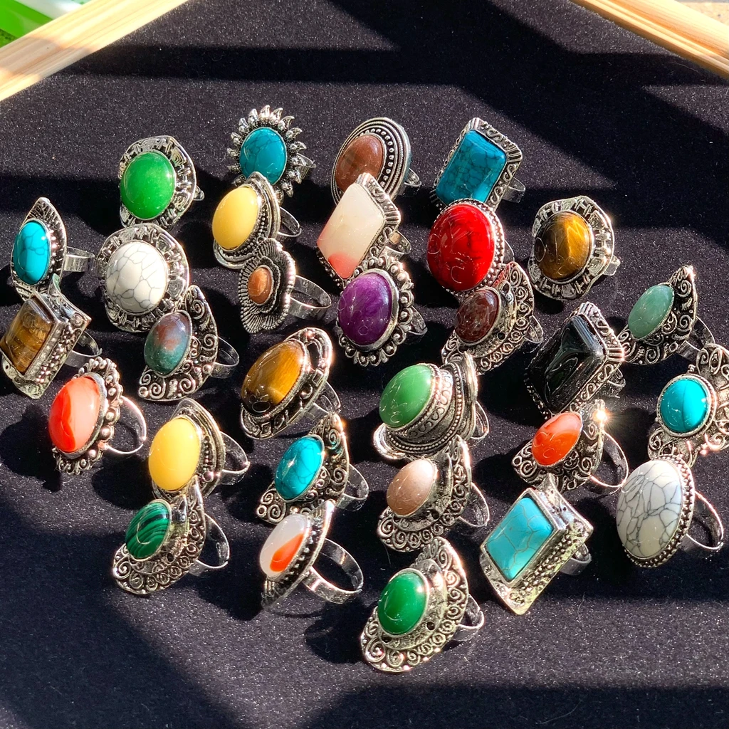 20pcs Wholesale Mix Design Natural Stone Vintage Rings For Women Open Adjustable Ethnic Antique Silver Plated Gift Jewelry Lot