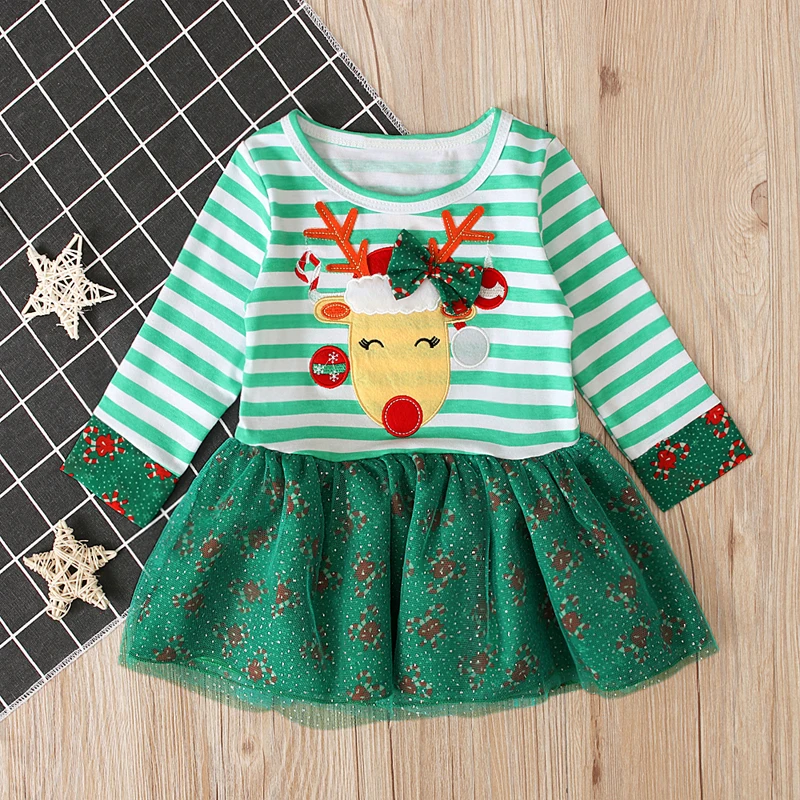Children\'s European and American spring and autumn long-sleeved striped trendy girls Christmas style elk dress children\'