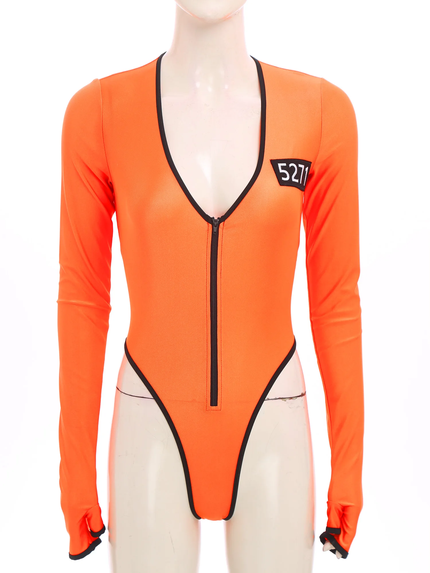 

Women Carnival Jail Prisoner Cosplay Costume Long Sleeve Back Cutout High Cutting Jumpsuit for Party Prisoner Halloween Outfits