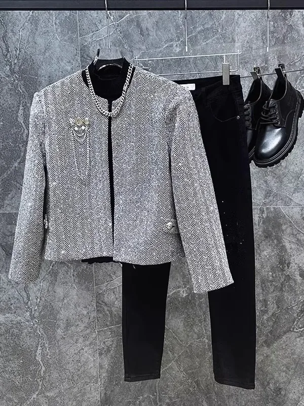 

Men's Faion Metal Decoration Padded oulder Jaet No Collar Spring Autumn New Arrival Casual Sle Zipper Closure Coat