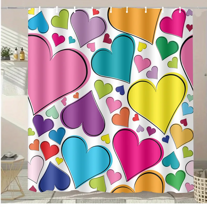 バレンタインデー-カラフルハート-シャワーカーテン-洗える-防汚-シャワーヘッド-防水-ポリエステル-バスカーテン