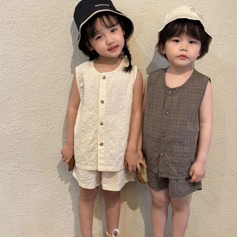 

2025 Summer Kids Clothes Set 1-8Y Boys' cotton thin style Vest shorts 2Pcs Sleeveless Cardigan Girls' Suit Sister Brother Outfit