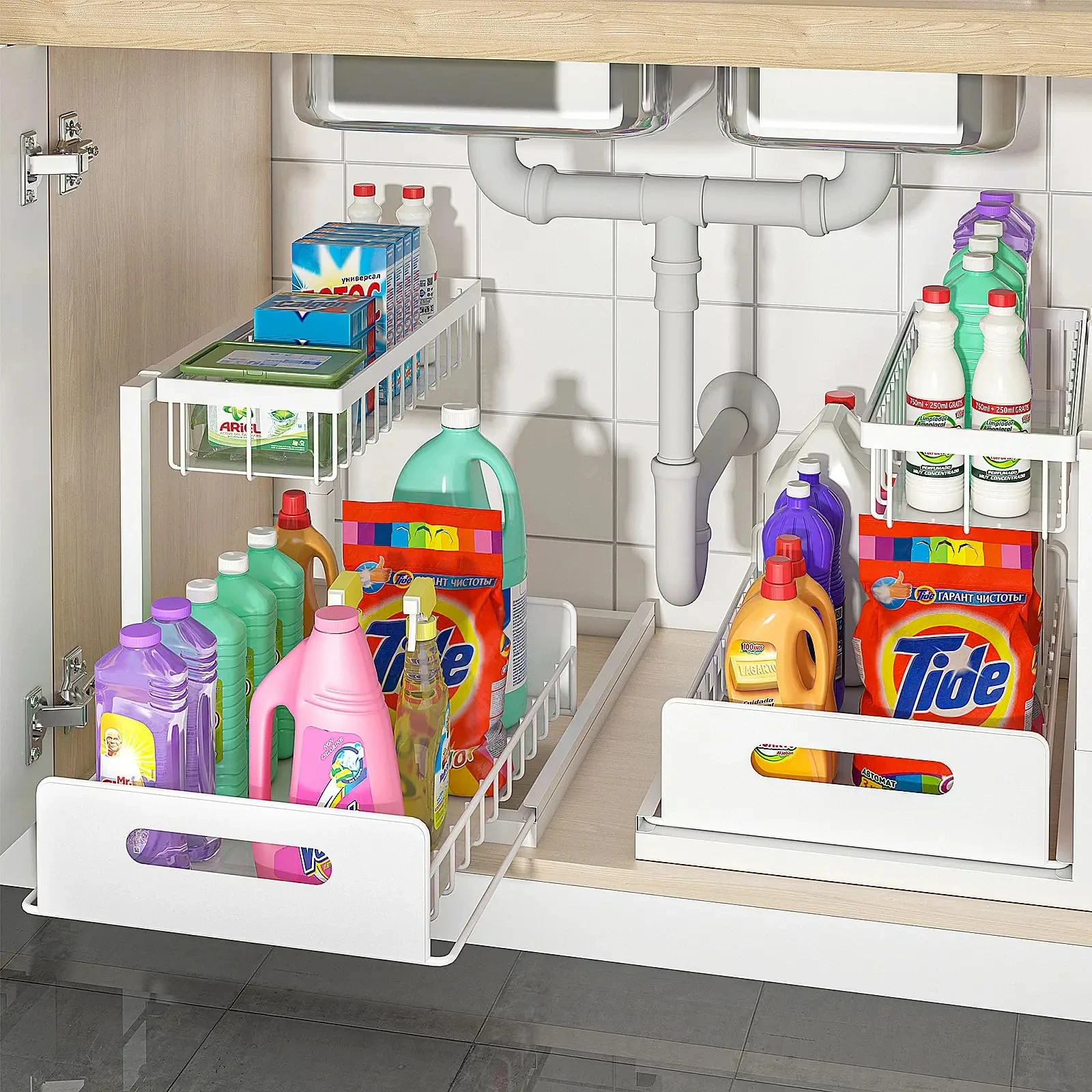 2 Tier Kitchen Under Sink Organizer Pull Out Drawer Storage Rack Multi-purpose Shelf Bathroom Kitchen Under Sink Storage Rack