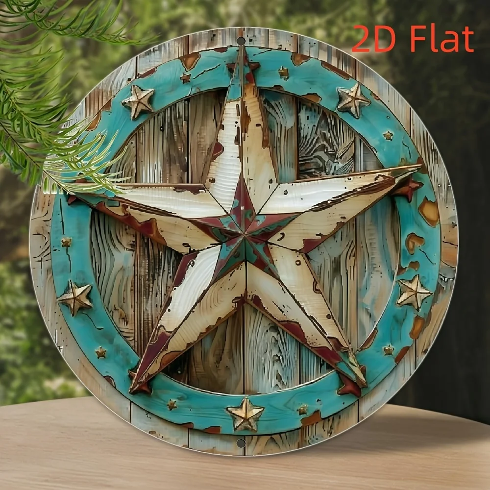 2D Flat - A Handcrafted Round Sign in 2D, Featuring a Vintage Texas Star Design Suitable for Home, Bar, Café, And Garden Decor |