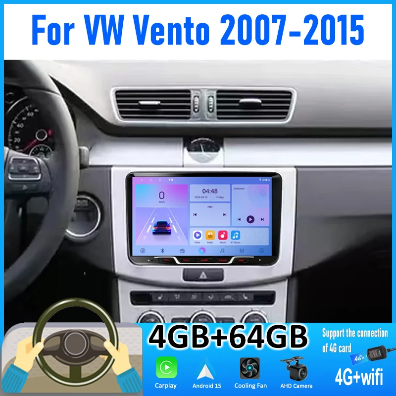 

9'' 4+64GB For VW Vento 2007-2015 Car Radio Android 15 Auto Support Wireless Apple Carplay 4G+WIFI GPS 2DIN Rear Camera FM