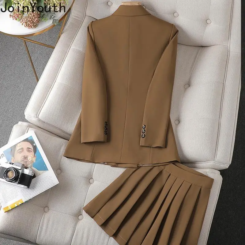 Temperament Skirt Outfits Korean Chic 2 Piece Set Women\'s Clothing Double-breasted Tunic Jackets High Waist Pleated Mini Skirts