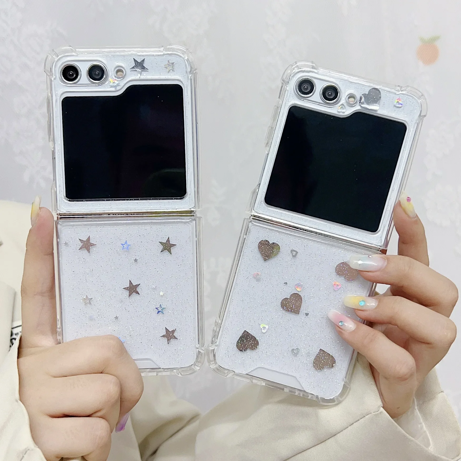 

For Samsung Galaxy Z Flip 6 5 4 3 Case Silver Star Love Transparent Silicone Four Corner Shockproof Protective Cover Accessories