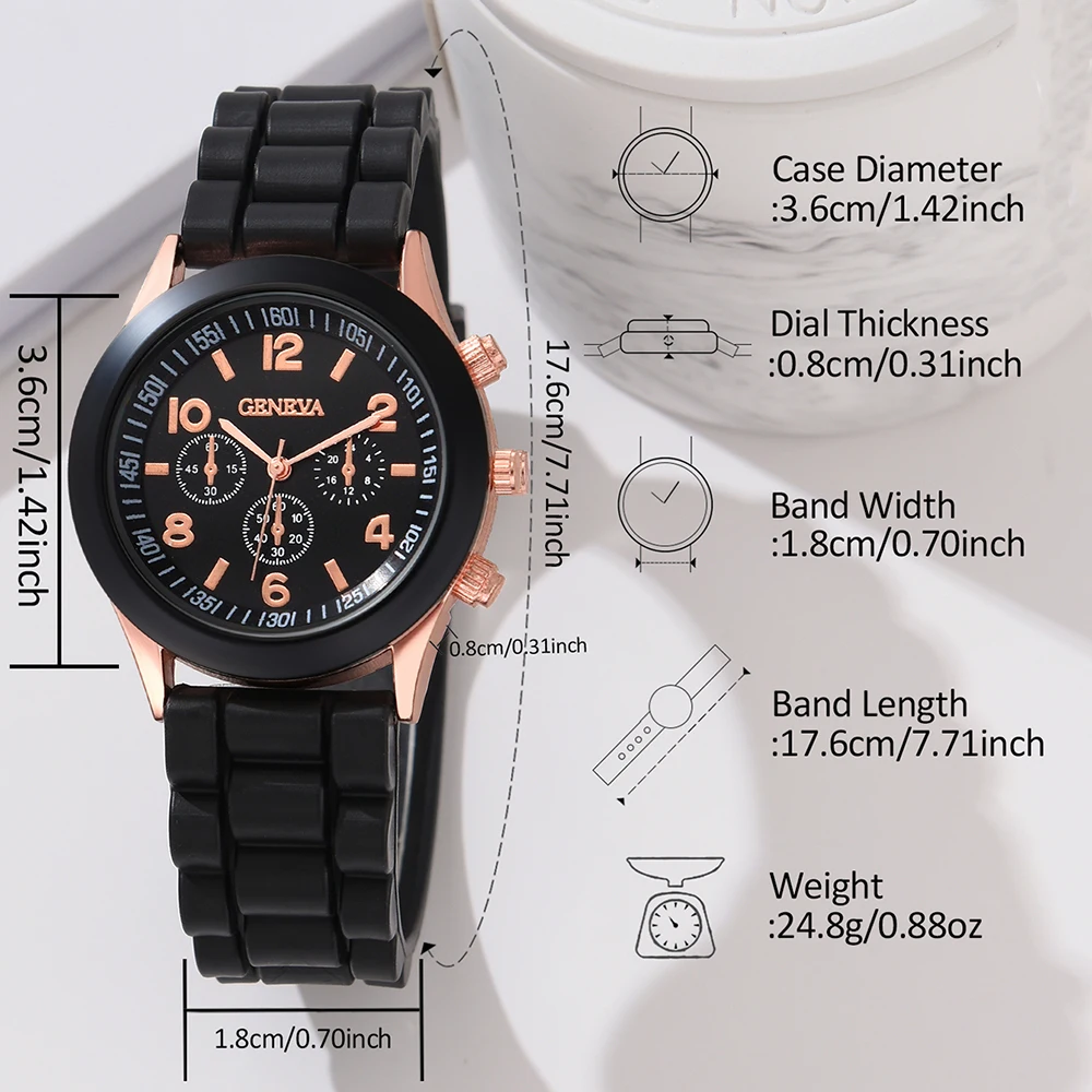 1PCS Black Simple Luxury Silicone Strap Watch Casual Fashion Quartz Watch is the perfect gift for her (no box)