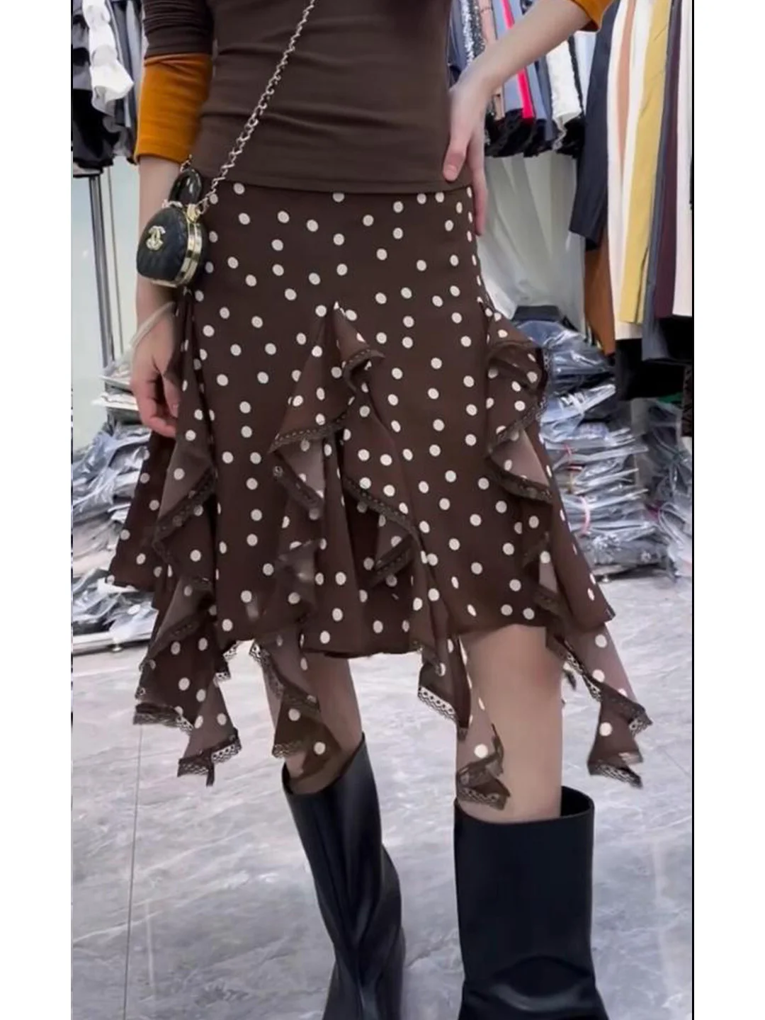 

Retro Brown Polka Dot Asymmetrical Half Skirt Women's High Waist Slim A-Line Lace Trim Short Skirt Ladies High Waist Lace Spl...