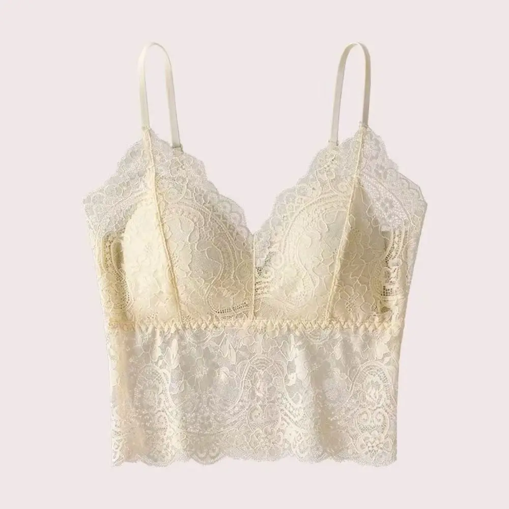 Elegant French Lace Crop Top Seamless with Chest Pad Girl's Vest Top V-Neck Can Be Worn Outside Camisole with Pads Lady