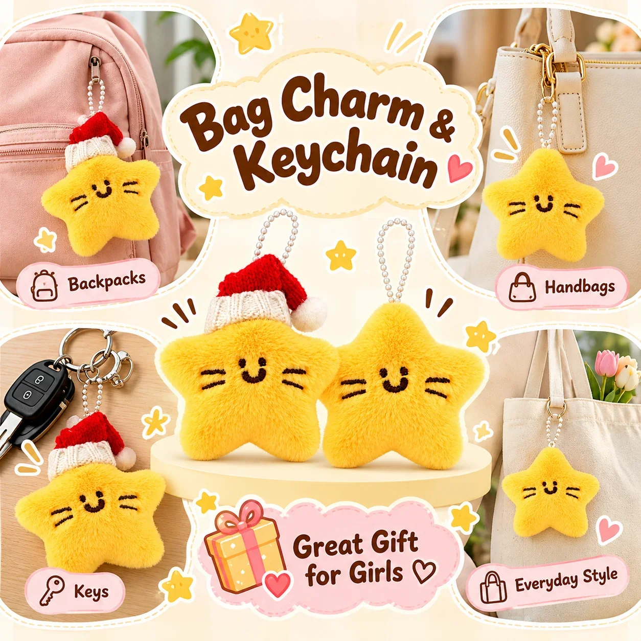 Kawaii Star Plush Keychain, Cute Squeaky Doll Pendant, Student Backpack Charm for Girls