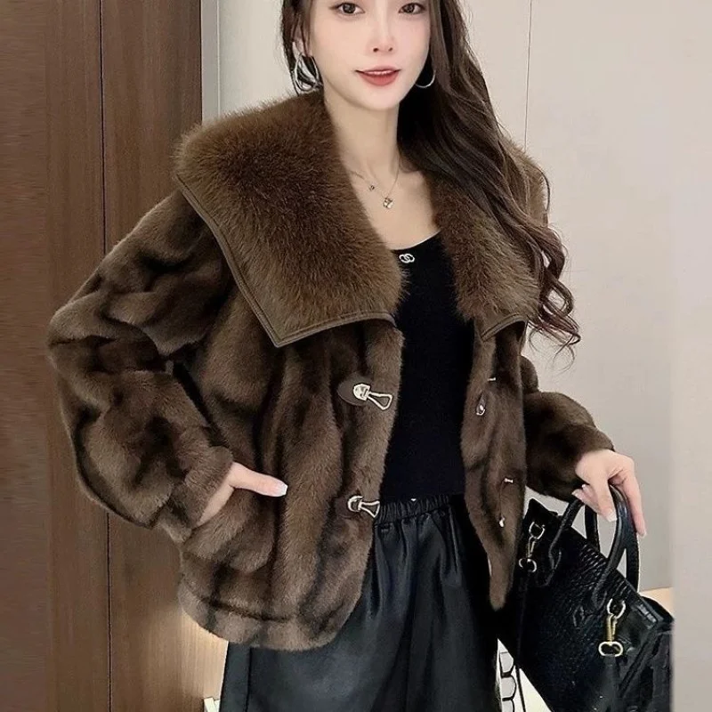 

Vintage Coffee Color Geometric Striped Imitation Mink New Short Fur Thickened Stylish One-Piece Leopard Print Fashion Fur Coat