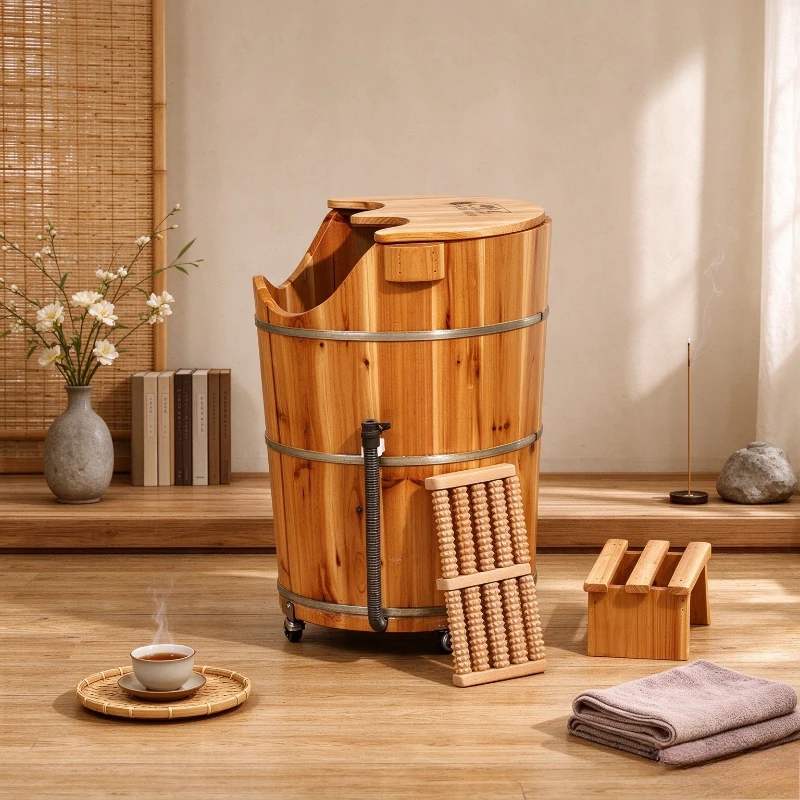 Solid Wood Foot Soak Tub Over Calf with Wheel Drainage Deep Basin Insulated Leg Soaker for Home Spa Muscle Relief and Relaxation