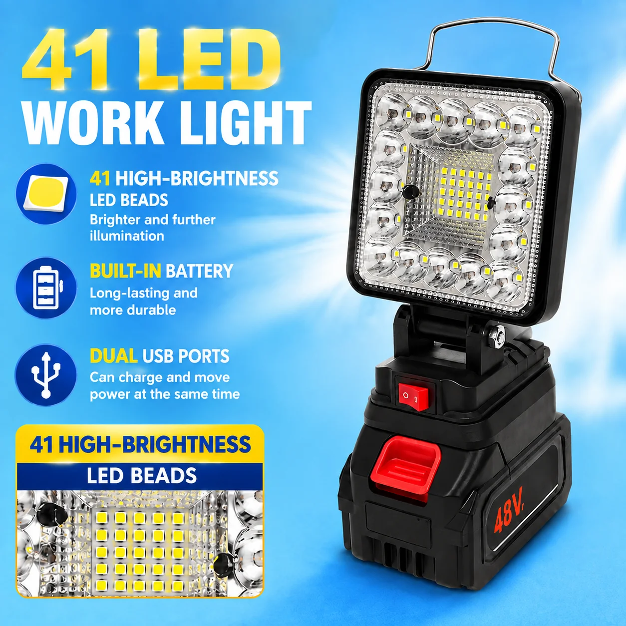41-bead spotlight handheld light by Milwaukee and DeWalt, suitable for outdoor camping, construction sites, and fishing.