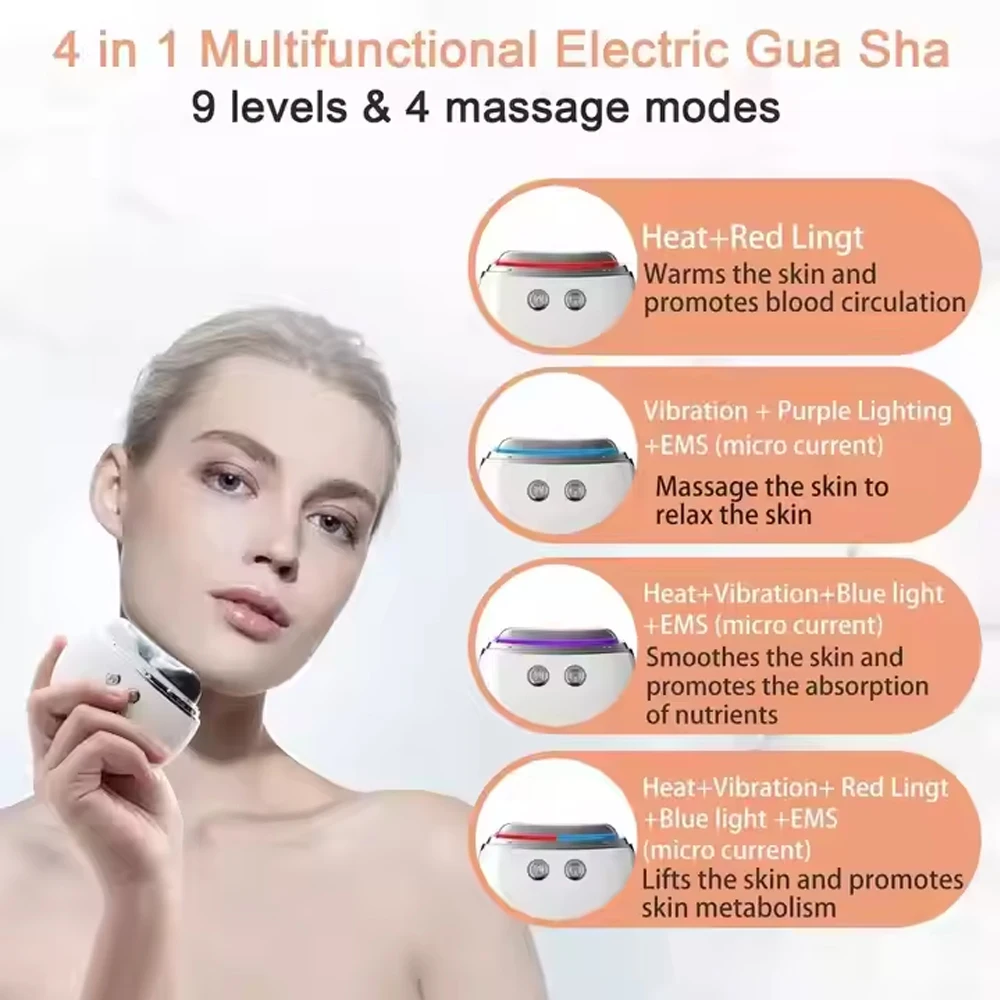 ไฟฟ้า Guasha นวด EMS อุปกรณ์ยกกระชับใบหน้าการบีบอัดร้อนการสั่นสะเทือนคอ Face Scraping กระชับผิว Anti-Aging อุปกรณ์