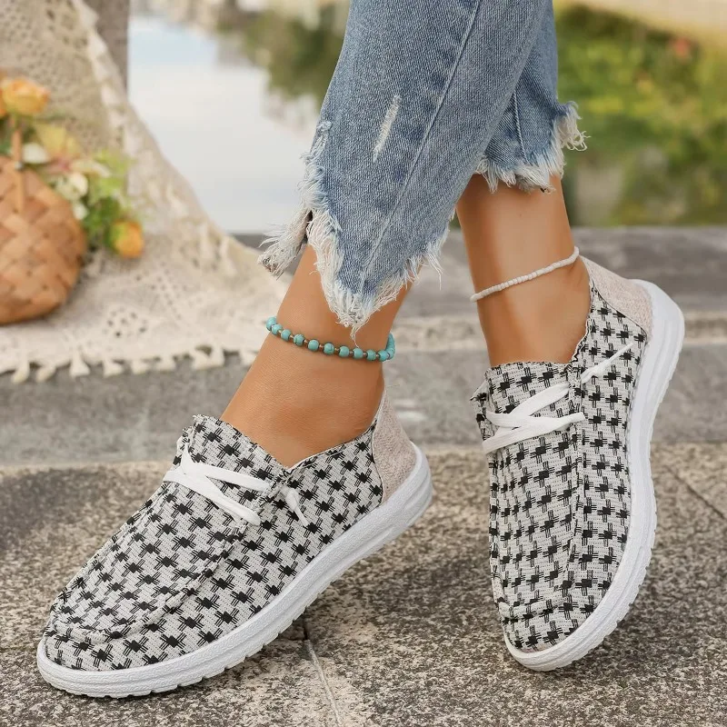 

Women's Large Size Canvas Shoes One Kick Flat Sole Houndstooth Shoes Women Leisure Light Breathable Spring Zapatillas De Mujer