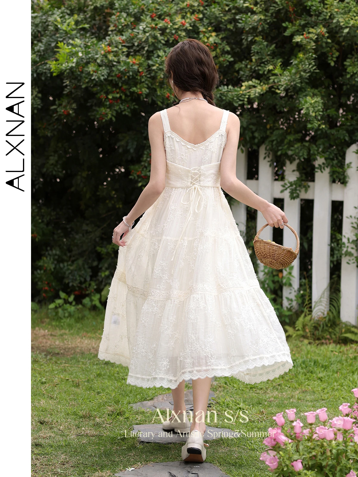 ALXNAN Elegant Lace Trim Wide Strap Tiered Dress for Women 2024 Fashion Embroidery Textural Back Lace-up Midi Dresses L33971