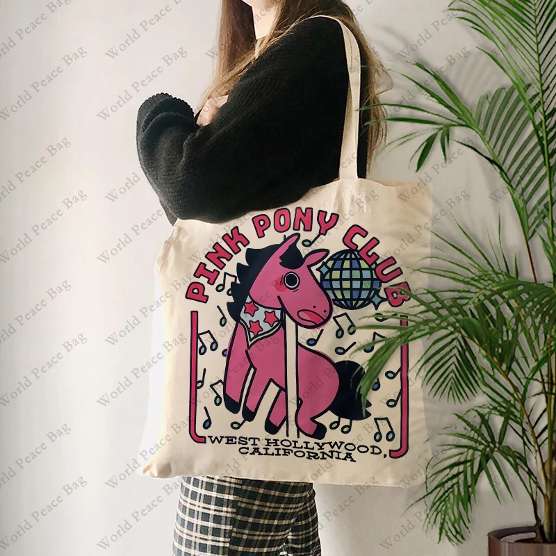 1 pc Pink Pony Club West Hollywood California pattern Tote Bag  Canvas Shoulder Bag For Travel Daily Commute Women's Reusable