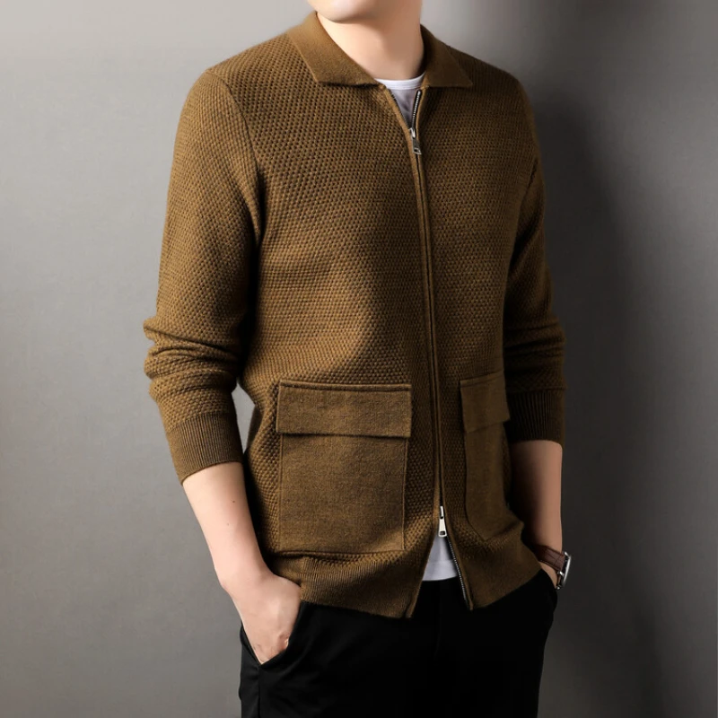 New Autumn Warm Zip Jacket, Men's Lapel Cardigan Solid Color, Daily Sweater M-4XL High-quality Men's Clothing