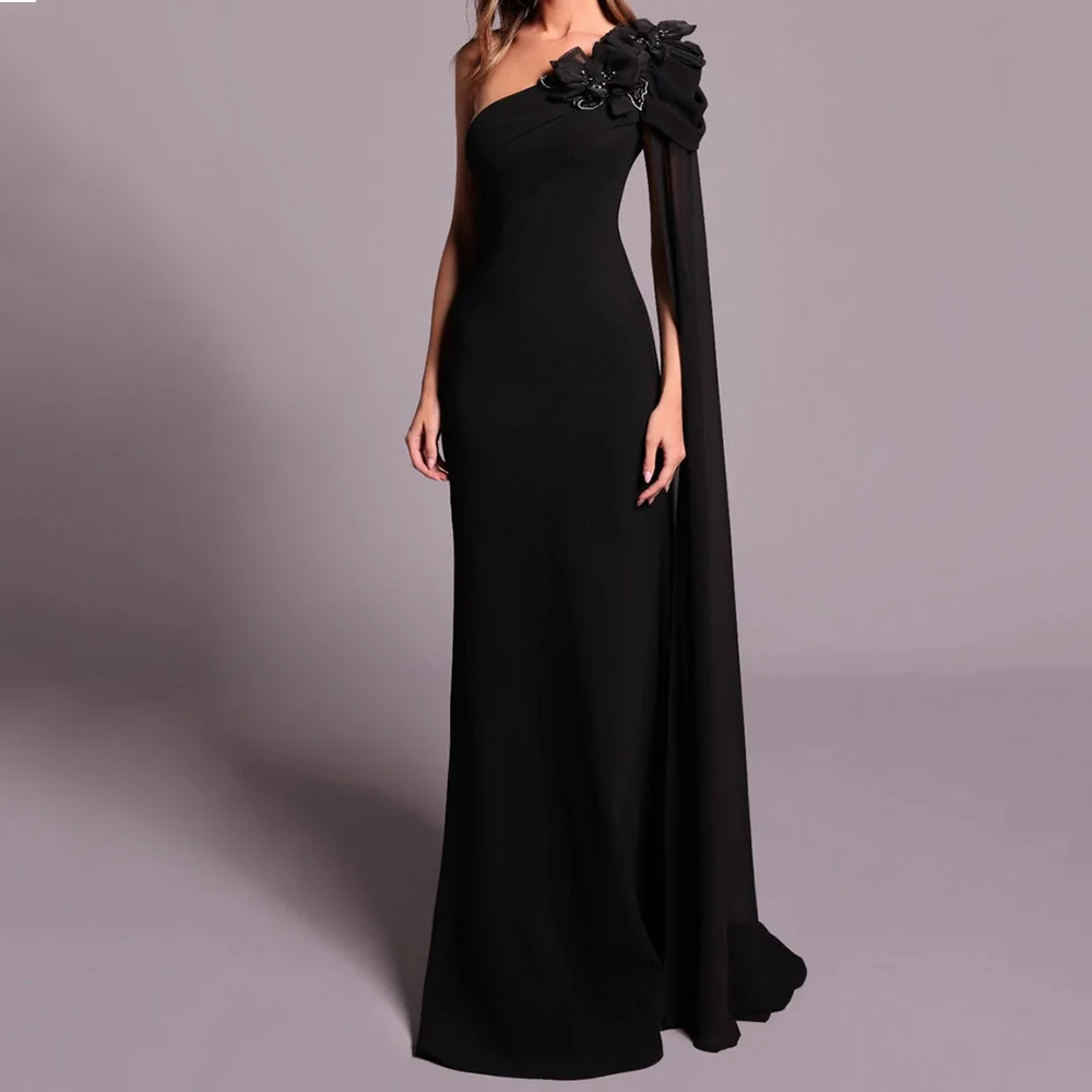 

Customized Mermaid Evening Dresses Floor-length One-shoulder Sleeveless Prom Gown Fashion Flowers Sequined Stole Party Gown