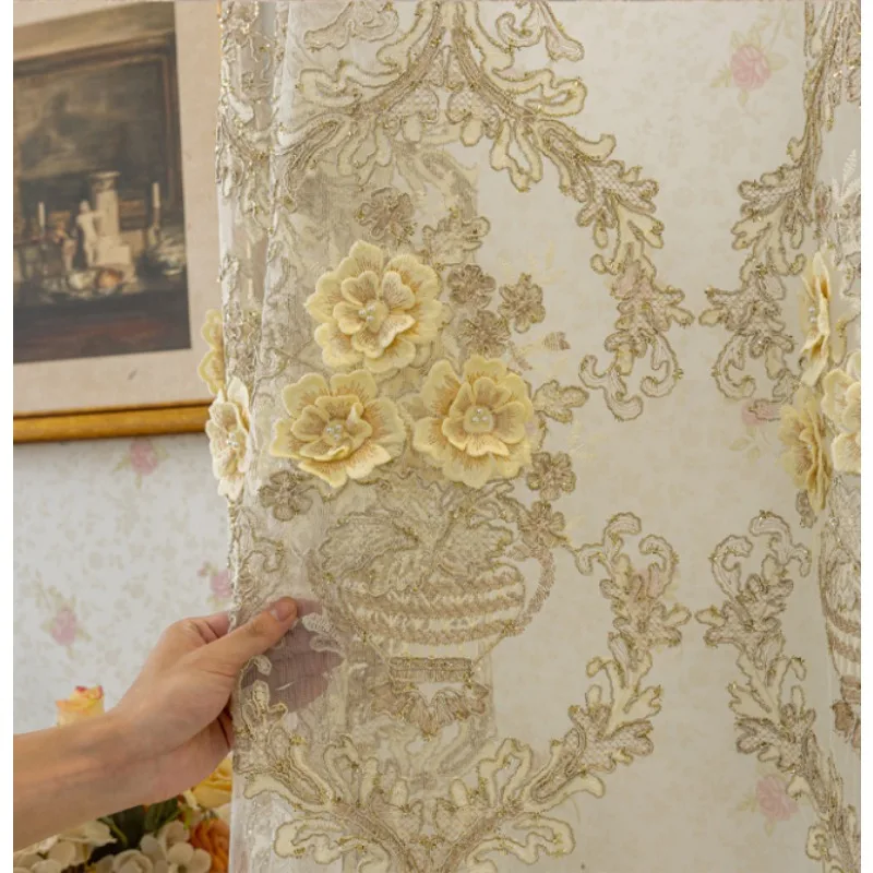 New European Style Retro Relief Three Flowers Embroidery Gauze Living Room Bedroom Balcony Curtains