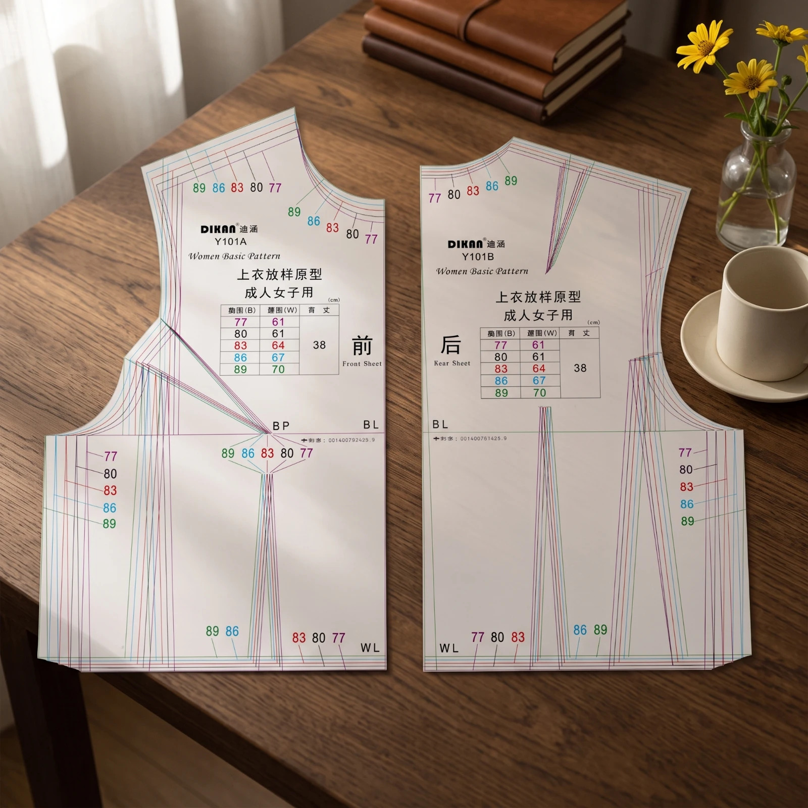 Bodice Pattern Template Full-Scale Flat Pattern Drafting Template Graded Multi-Size for Dressmakers, Sewing Studios