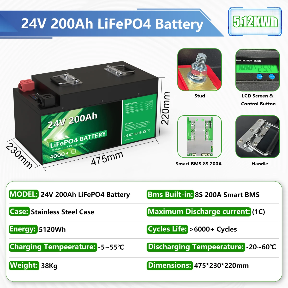 LiFePO4 24V 200Ah 100Ah Battery Pack 6000+ Cycles Bluetooth 8S BMS Grade A Cell 100% Capacity 12V Home Lithium Battery UA NO TAX