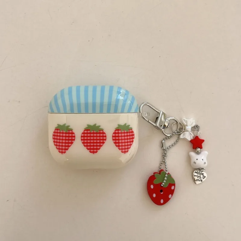 

Blue Grid Strawberries Earphone Case for AirPods 1 2 3 4 Pro Pro2 Headphone Case Cover for whith Pendant