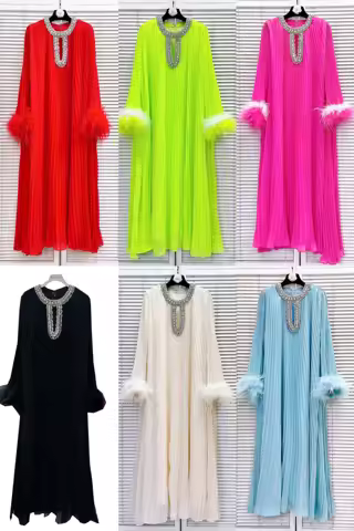 Miyake Pleated French Socialite Elegance Handcrafted Diamond-Inlaid Pleated Skirt &amp; Patchwork Feather Evening Gown Party Dress