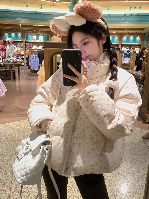 

Korean Chic Winter New Women Tops Parkas Girlish Floral Printed Stand Collar Long Sleeve Padded Down Coats Female Clothing