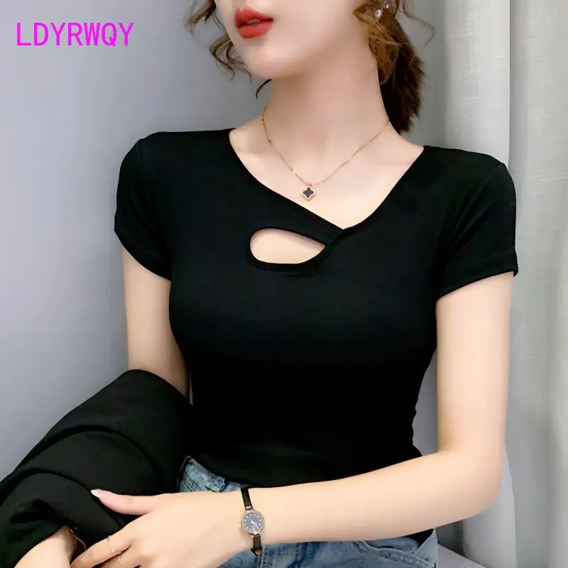 Cotton short-sleeved T-shirt women summer new slim and slim hollow bodice