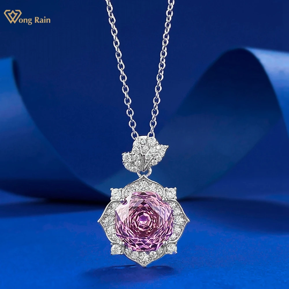 Wong Rain 100% 925 Sterling Silver 10 MM Flower Cut Lab Sapphire High Carbon Diamond Gemstone Pendant Necklace Jewelry Wholesale